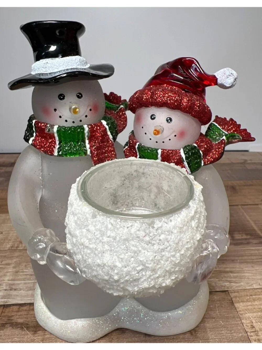 Christmas Snowman Couple Frosted Glass Candle Holder Festive Home Decor